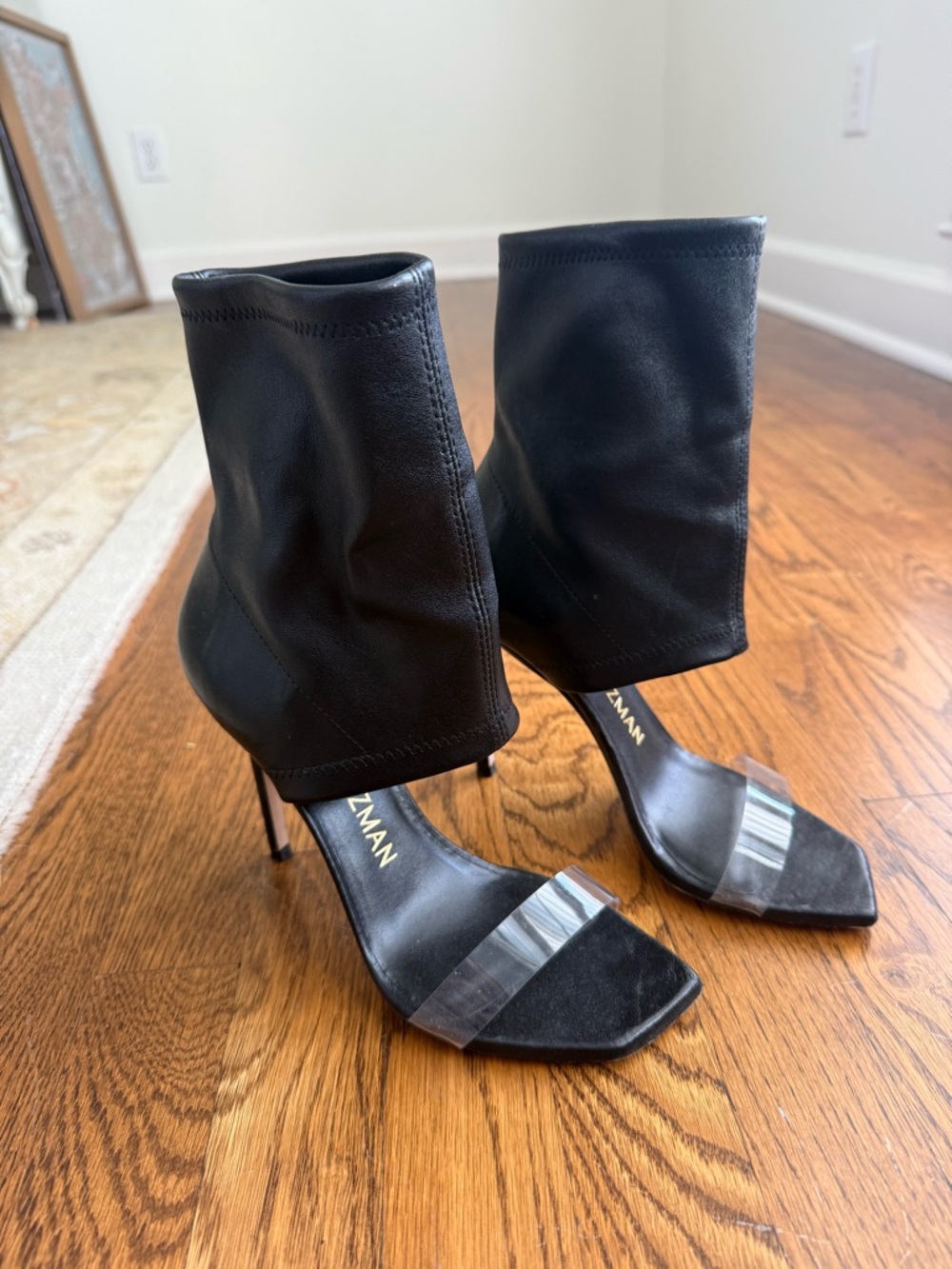 Stuart Weitzman Black Stretch Sock Ankle Heels with Clear Toe Strap